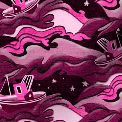 Pink monochrome Art Deco boats on stormy sea large