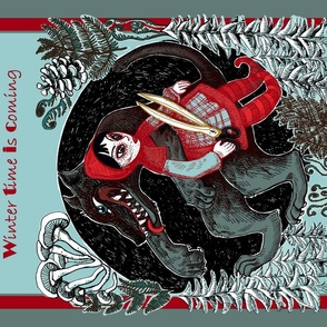 Red riding hood and wolf_winter time is coming_wall hanging or tea towel