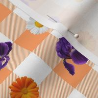 Cheerful daisies, marigold and irises on papaya gingham