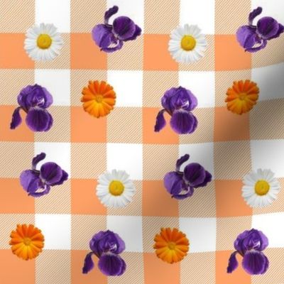 Cheerful daisies, marigold and irises on papaya gingham