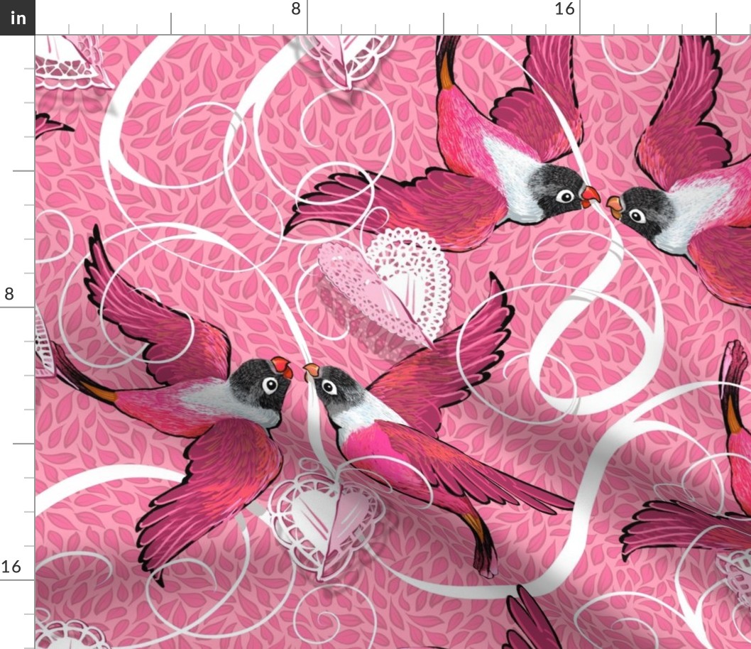 Valentine Lovebirds, Hearts ‘n Ribbons | Large | Pink