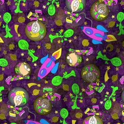 Jesters in Space  -- Cute Aliens and Cute Jester Astronauts floating in a Galaxy of Moons, Planets, and Stars with Spaceships - 707dpi (21% of Full Scale)