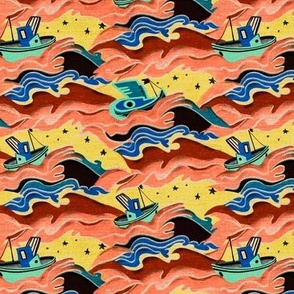 Coral Art Deco boats on a stormy sea small
