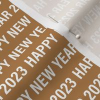 Happy new year 2023 text design basic typography design white on cinnamon 