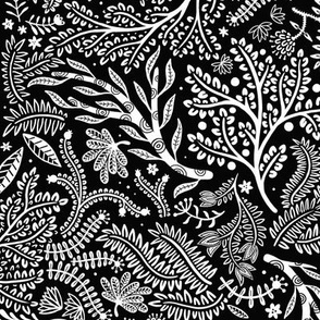 Botanical print white on black