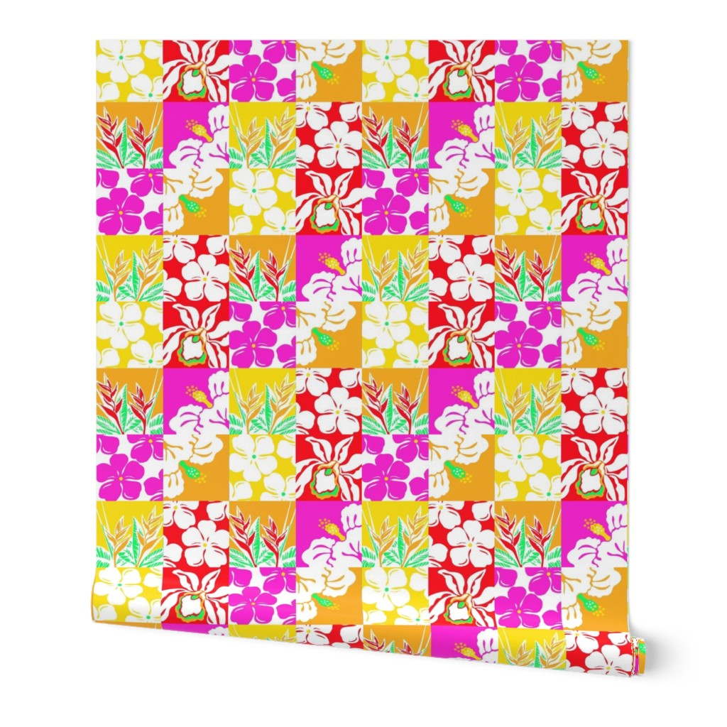 Hawaiian Floral Cheater Quilt-yellow orange