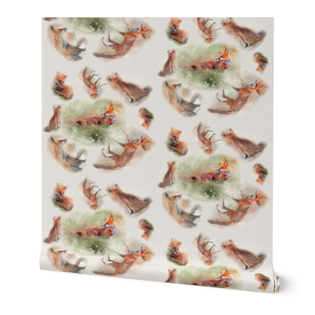 8x8-Inch Half-Drop Repeat of Watercolor Multidirectional Foxes in Circles on Cream Background