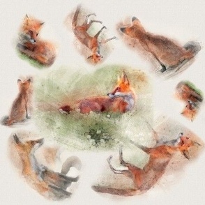 8x8-Inch Half-Drop Repeat of Watercolor Multidirectional Foxes in Circles on Cream Background