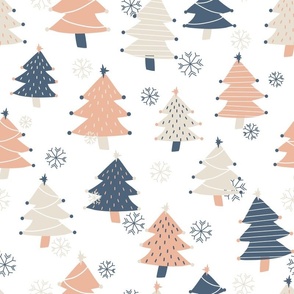 Christmas Trees - Peach, white, Buff and Blue - 16" Repeat