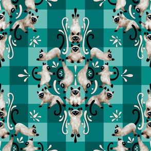 Siamese Cat Yoga Damask - teal plaid 