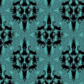 Black Cat Yoga Damask - Dark Teal - medium size 