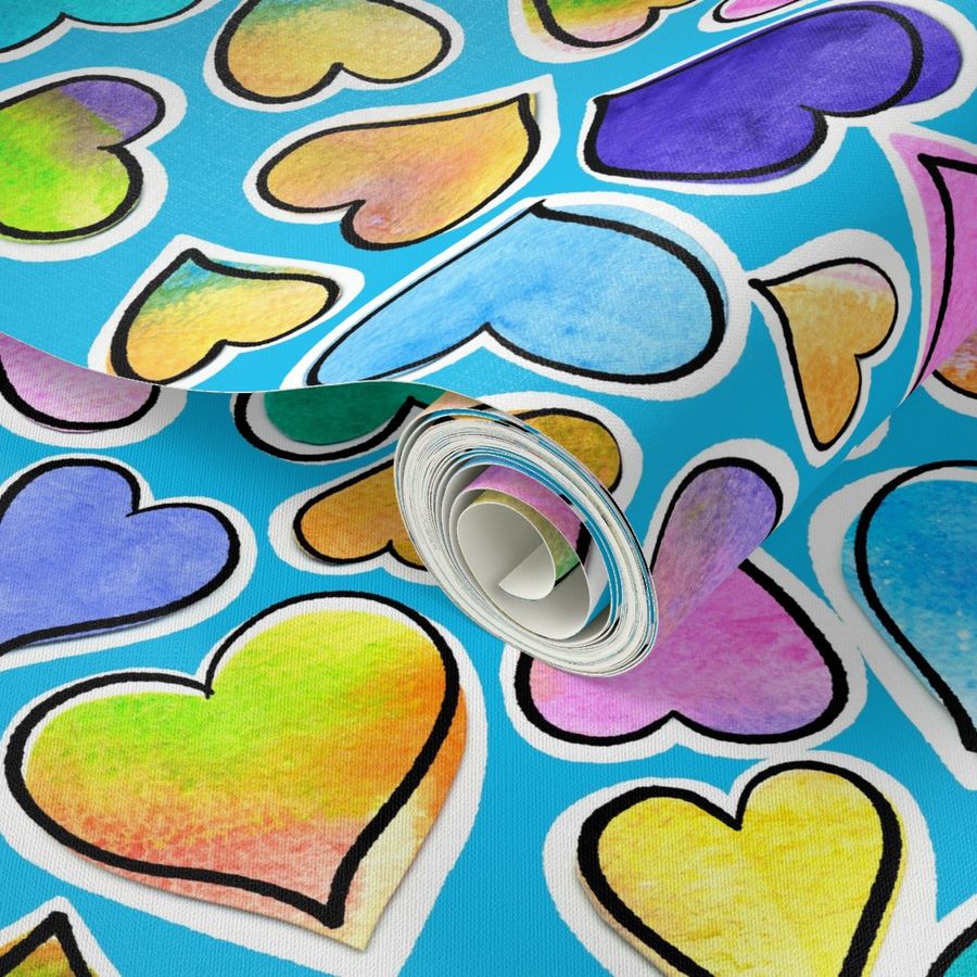 colorful watercolor hearts @ BG_blue