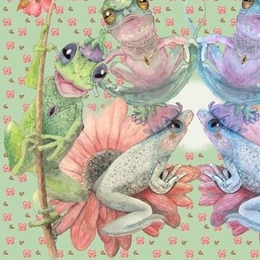 12x9-Inch Repeat of Watercolor Illustrations of Frogs with Daffodils and Dogwood