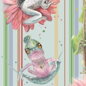 6x18-Inch Repeat of Daffodils with Watercolor Illustrations of Funny Frogs