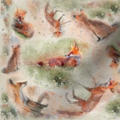 8x8-Inch Half-Brick Repeat of Dynamic Tiles of Watercolor Multidirectional Foxes