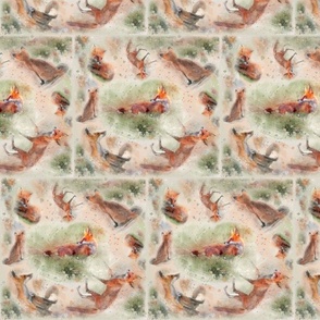 8x8-Inch Half-Brick Repeat of Dynamic Tiles of Watercolor Multidirectional Foxes