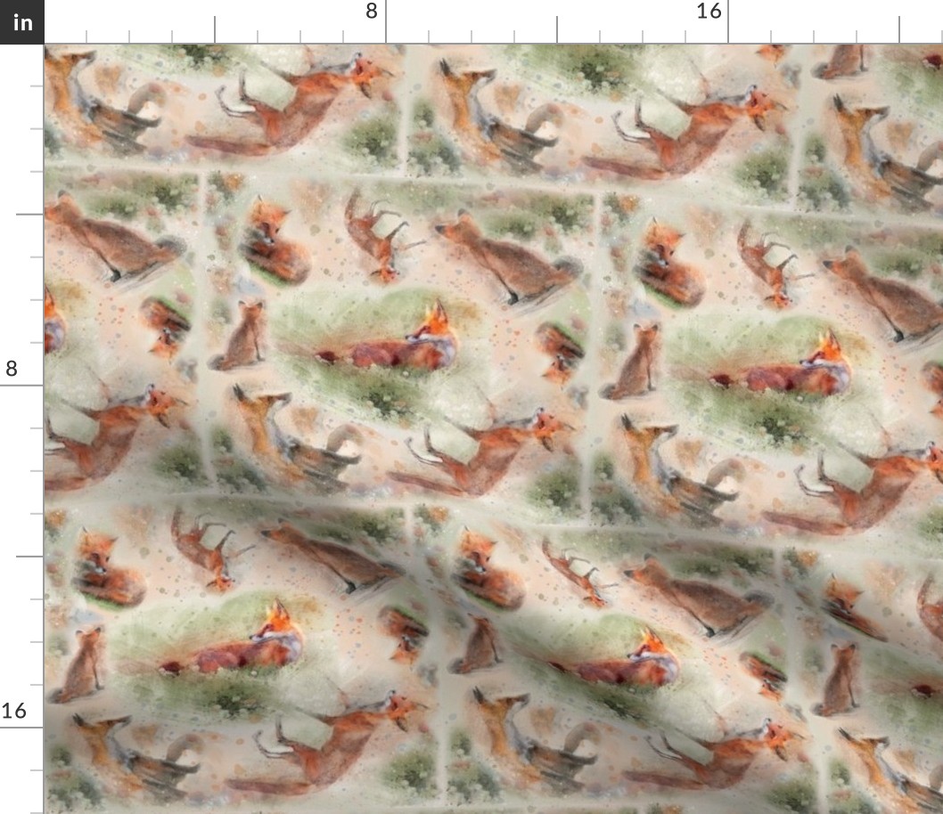 8x8-Inch Half-Brick Repeat of Dynamic Tiles of Watercolor Multidirectional Foxes