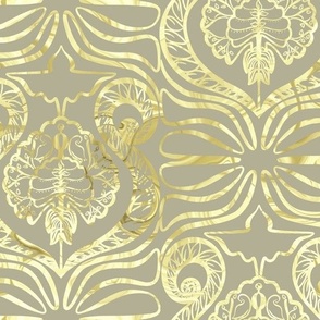 Foiled Damask - Tree of Life - Gold Foil on warm greige