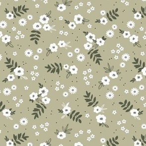 Sweet little bohemian garden boho blossom white pine on olive green