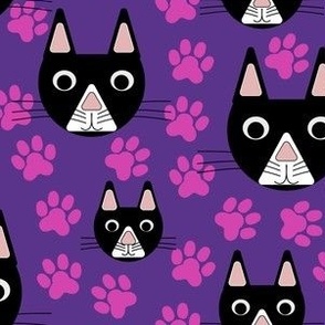 Black Cat and Pink Paws in Purple