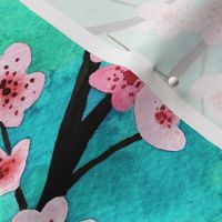 cherry blossoms Watercolor on a green and blue background