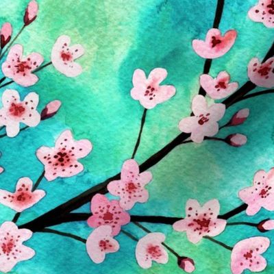 cherry blossoms Watercolor on a green and blue background