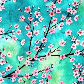 cherry blossoms Watercolor on a green and blue background