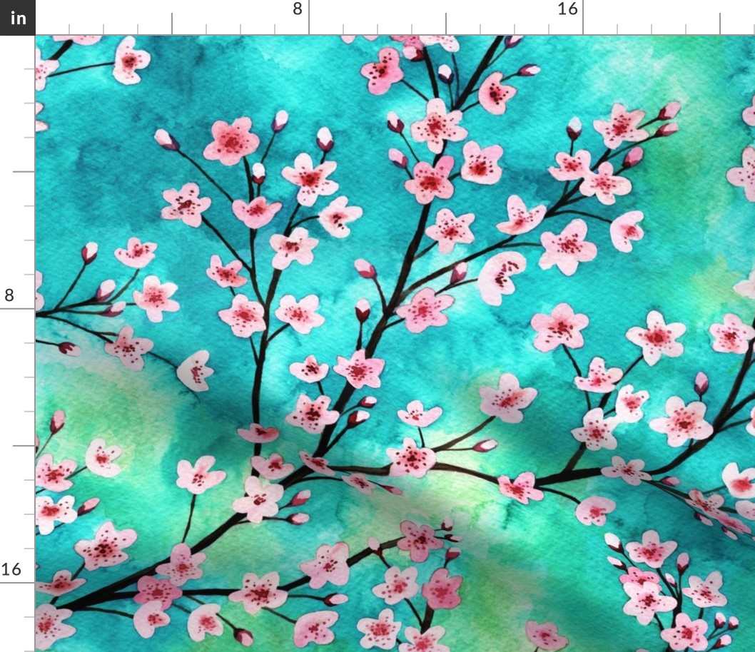 cherry blossoms Watercolor on a green and blue background