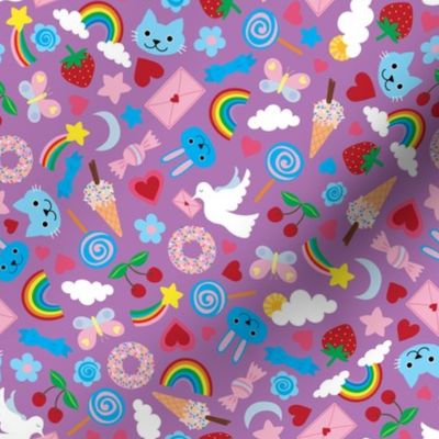 Kawaii Valentine - Cute multicoloured pastel design on Lilac small scale