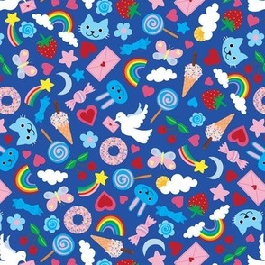 Kawaii Valentine - Cute multicoloured pastel design on Blue - small scale