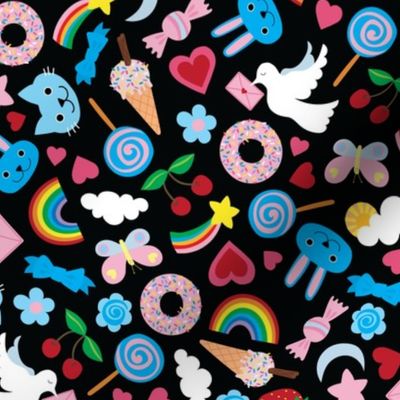 Kawaii Valentine - Cute multicoloured pastel design on Black - medium scale