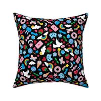 Kawaii Valentine - Cute multicoloured pastel design on Black - medium scale