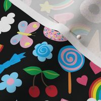 Kawaii Valentine - Cute multicoloured pastel design on Black - medium scale