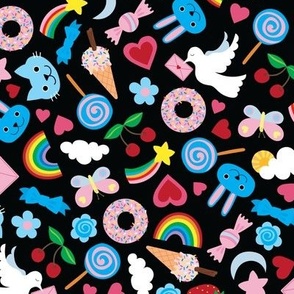 Kawaii Valentine - Cute multicoloured pastel design on Black - medium scale