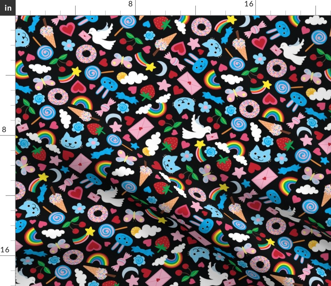 Kawaii Valentine - Cute multicoloured pastel design on Black - medium scale