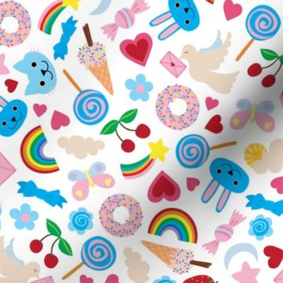 Kawaii Valentine - Cute multicoloured pastel design on White - medium scale