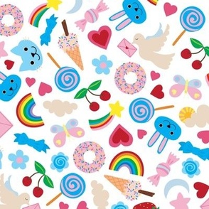 Kawaii Valentine - Cute multicoloured pastel design on White - medium scale