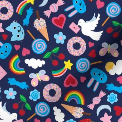 Kawaii Valentine - Cute multicoloured pastel design on Navy - medium scale