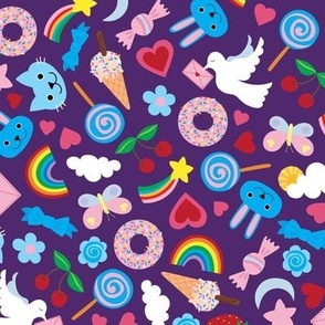 Kawaii Valentine - Cute multicoloured pastel design on Purple - medium scale