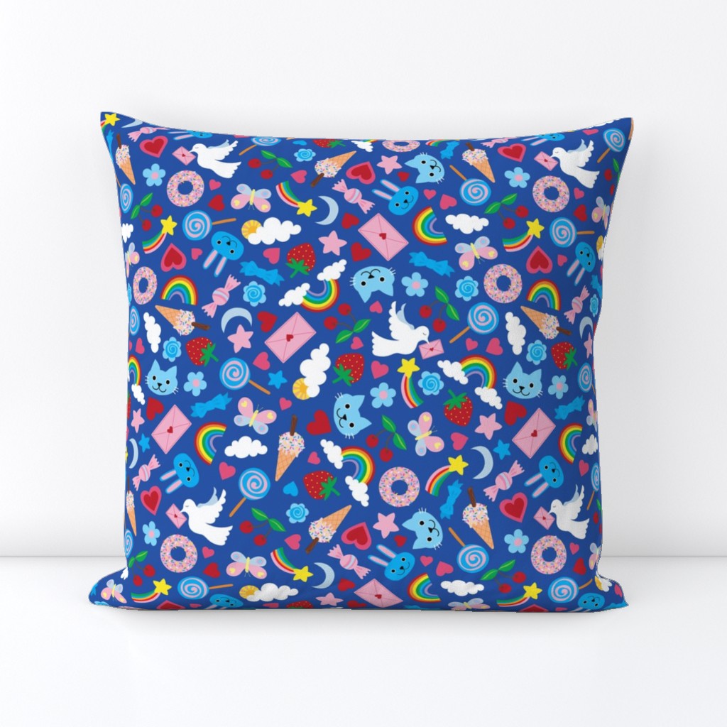 Kawaii Valentine - Cute multicoloured pastel design on Blue - medium scale
