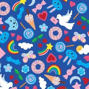 Kawaii Valentine - Cute multicoloured pastel design on Blue - medium scale