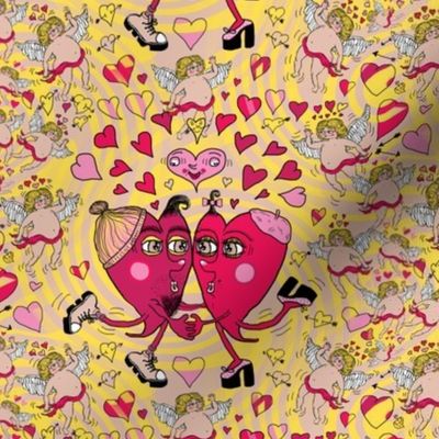 happy kitsch valentines day! Two quirky hearts in love, medium large scale, red yellow pink cherry black white taupe beige mushroom tan fuchsia burgundy lovecore