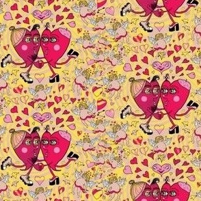happy kitsch valentines day! Two quirky hearts in love, small scale, red yellow pink cherry black white taupe beige mushroom fuchsia burgundy lovecore