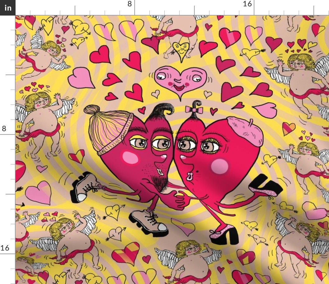 happy kitsch valentines day! Two quirky hearts in love, jumbo large scale, lovecore red yellow pink cherry black white taupe beige mushroom tan fuchsia burgundy