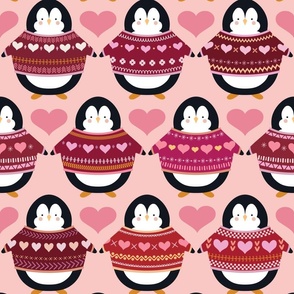 Valentine Penguins in Sweaters - Medium Large Scale - Hearts Pink Sweaters Jumpers