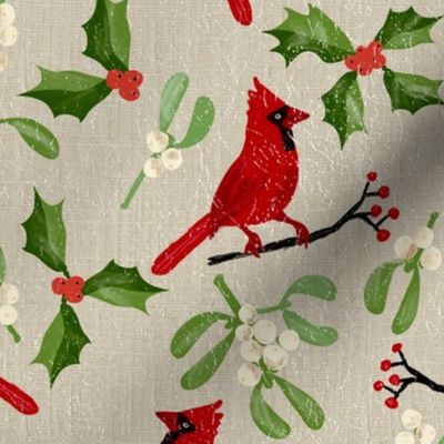 Cardinals, holy and mistletoe on linen