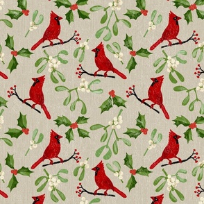 Cardinals, holy and mistletoe on linen