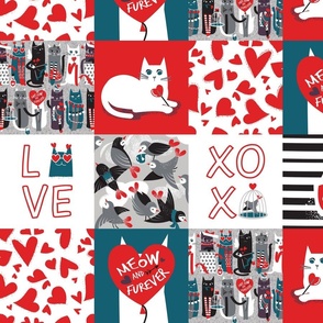 I love you meow and fur-ever PATCHWORK 21"x15,75" // grey green white purple beet and black cats red Valentine's Day motifs