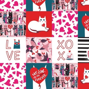 21"x15,75" // I love you meow and fur-ever PATCHWORK // pink green white purple beet and black cats red Valentine's Day motifs