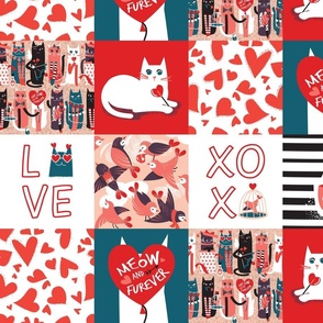 21"x15,75" I love you meow and fur-ever PATCHWORK // coral green white purple beet and black cats red Valentine's Day motifs